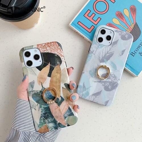 Leaf Diamond Ring Stand Phone Case for iPhone 12 11 Pro Max XR Xs MAX Soft Matte Flowers Blue Case for iPhone 6s 7 8 Plus Covers