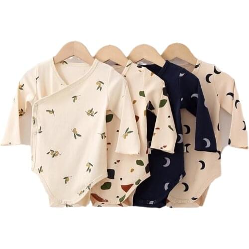 Korean Kids Autumn Clothes Newborn Baby Boys Bodysuit Long Sleeve Moon/Stone/Olive Printed Cute Infant Girls Cotton Jumpsuits 3M