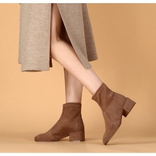 Donna-in 2021 Autumn New Stretch Microfiber Stocking boots Elegant Ankle Booties Square Middle Heels Slip-on Women Shoes