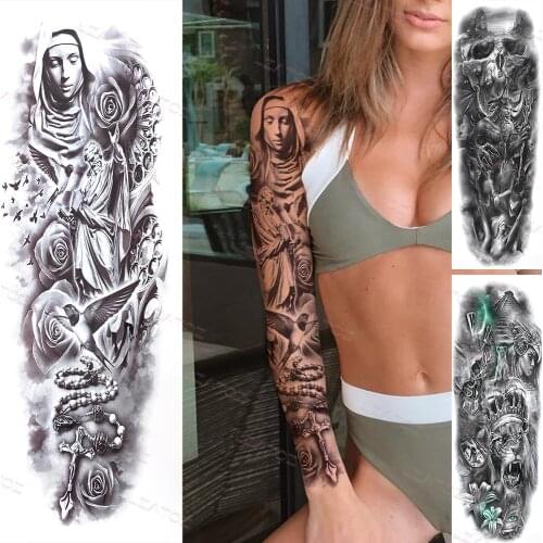Extra Large Nun Girl Temporary Tattoos Sleeve For Women Men Adult Black Flower Tatoos Sticker Death Skull Body Art Fake Tattoos