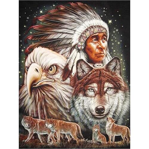 Indian Chief Portrait Diamond Painting Animal Wolf Hawk Round Full Drill Nouveaute DIY Mosaic Embroidery 5D Cross Stitch Gifts