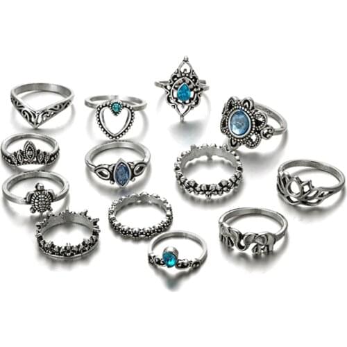 13pcs/Set Knuckle Ring Floral Stone Boho Vintage Jewelry Fashion Ethnic Crown