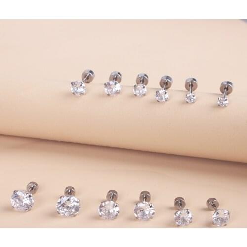 Stainless Steel Round Transparent Cubic Zirconia Ear Studs Earrings Simple Fashion Silver Color Small Earring for Women