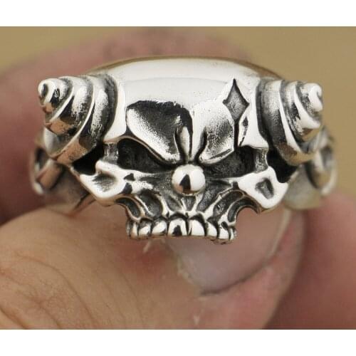 LINSION 925 Sterling Silver Handmade Joker Skull With Horn Mens Biker Punk Ring TA79 US Size 7~15