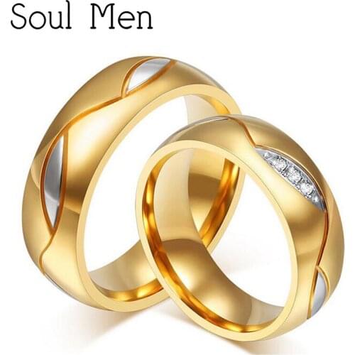 6mm His & Hers Matching Set Gold Color Titanium Steel Wedding Band Ring for Lovers Couples with CZ Stone