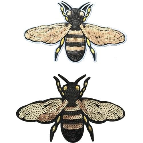 2PCS/SET Gold Bee Patches Iron on Patches for Clothes Jacket DIY Accessory Decorative Applique Insect Honeybee Sequined Patches