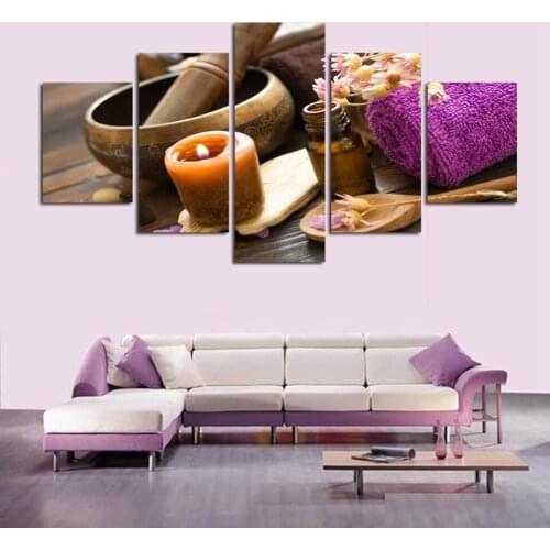 Canvas Wall Art Pictures Frame Home Decor Living Room Poster 5 Pieces Candle Aromatherapy Flower Wooden Bowl HD Printed Painting