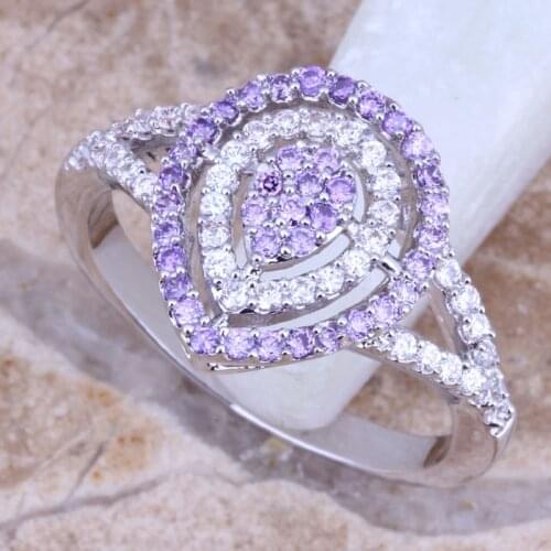 Admirable Purple Cubic Zirconia White CZ Silver Plated Water Drop Ring Size 6 / 8 / 9 E536