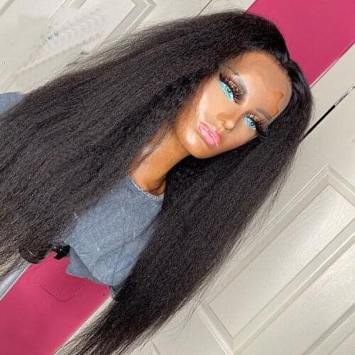 28inch Synthetic Hair Lace Front Kinky Straight Wig Free Part Lace Closure Wigs Heavy Density Heat Resistant For Women