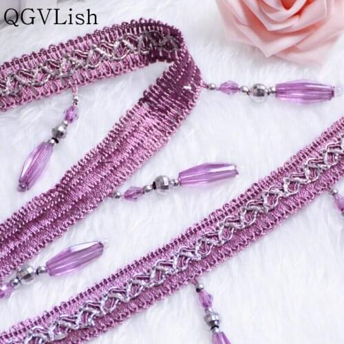 QGVLish 12M/lot Crystal Beads Curtain Lace Trim DIY Sew Sofa Stage Garment Tassel Fringe Lace Ribbon Belts Curtain Accessories