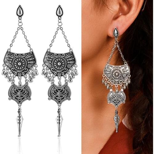Retro Ethnic Carved Long Tassel Earring Geometric Statement Dangle Earrings Women Bohemian Metal Alloy Drop Earring Jewelry Gift