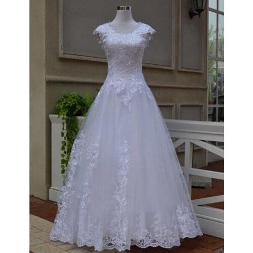 Gorgeous Tulle A-Line Wedding Dresses O-Neck Cap Short Sleeve Sweep/Brush Train Bride Gowns Simple Pleats Appliques Lace Beading