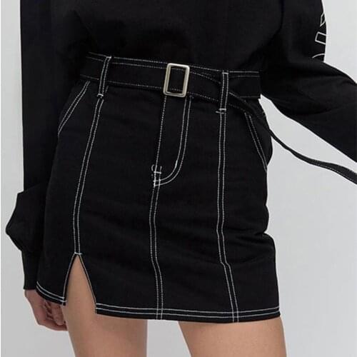 2018 new spring summer women high waist mini jeans skirt high waist belt female black bodycon slim short denim skirt bottom