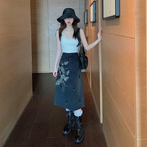 New Arrival Spring Autumn Embroidery Floral Beaded Korea Fashion Women High Waist Knee-length Denim Skirt Hole Skirt Plus Size