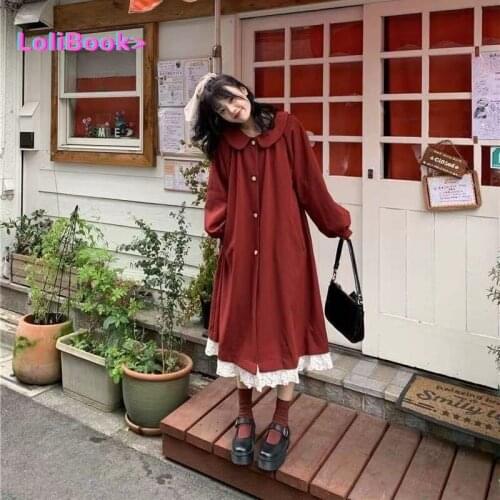 Lolibook Women red windbreaker doll collar long winter loose coat lace splicing college casual coat warm oversize coat