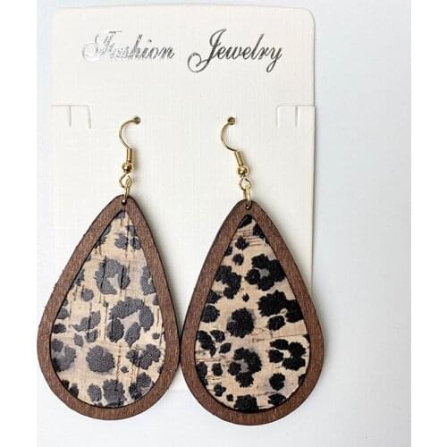 Wood Base Real Cork Teardrop Earrings for Women 2021 New Designer Leopard Print Cork Earrings Glitter Leather Water Drop Earring