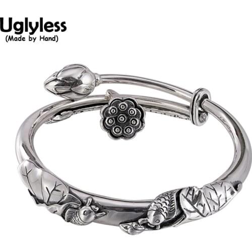Uglyless Solid 990 Full Silver Lotus Carp Fish Ethnic Bangles for Women 12MM Thickness Push-pull Bangles Thai Silver Lotus Charm