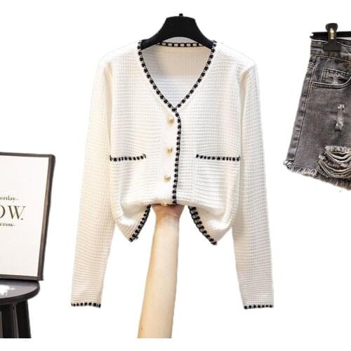 Spring and autumn new style small fragrant wind ice silk white thin coat women short V-neck knitted cardigan women