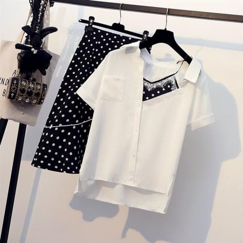 Plus size women office ladies 2 piece skirt set summer 2020 Korean lace patchwork tops and skirt 2 piece set women outfits