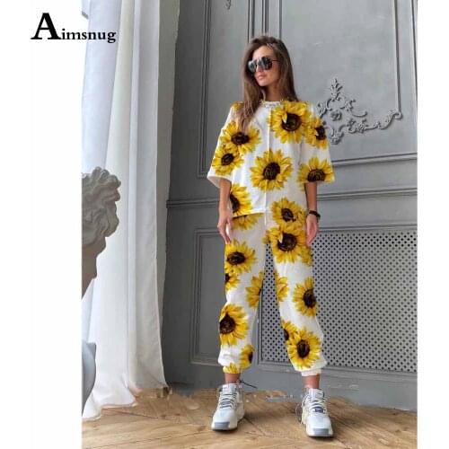 2021 Summer Floral print Tracksuit set women Patchwork Two Piece Sets Half Sleeve Tops Pullovers Loose Pants Ladies 2Pcs sets