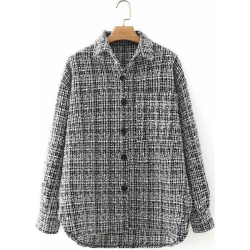 Evfer Autumn Women Stylish Plaid Tweed Za Long Jackets Female Fashion Long Sleeve Single Breasted Loose Outwear Girls Coat Chic