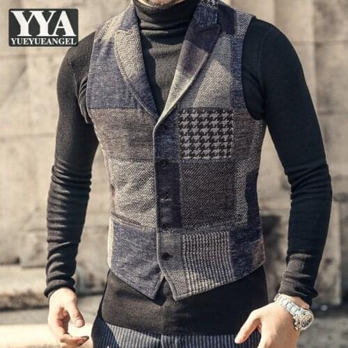 Vintage Woolen Plaid Vest Men Spring Business Casual Single Breasted Waistcoat Mens Patchwork Slim Fit Sleeveless Vests Jacket