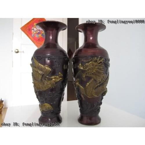 11 China Royal Palace Red Bronze Copper Gilt Dragon phoenix Play Bead Vase Pair