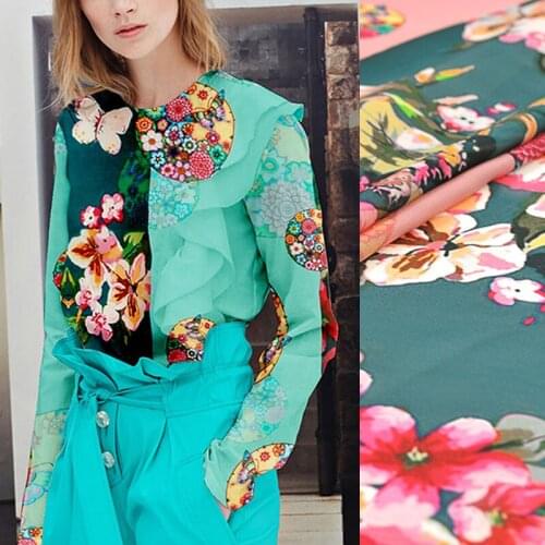 137CM 13MM Floral and Butterfly Print Thin Green Pink Silk Crepe De Chine Fabric for Summer Dress Blouse Skirt Shirt Scarf J041