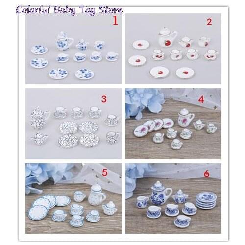New 15Pcs 1/12 Doll House Miniature Kitchen Flower Patten Porcelain Coffee Tea Cups Ceramic Tableware Accessories