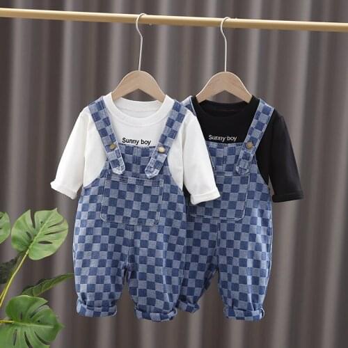 Autumn Children Clothes Baby Boys Girls Print T Shirt Plaid Denim Overalls Bib Pants 2Pcs/sets Infant Kids Fashion Toddler suits