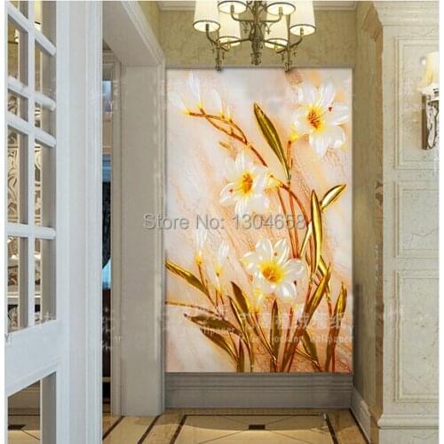 Free shipping custom 3d stereoscopic wallpaper embossed gold lily entrance living room sofa TV wall murals nonwoven wallpaper