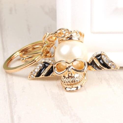 Big Pearl Angel Wing Skull New Cute Crystal Charm Pendant Purse Bag Car Key Ring Chain Wedding Party Creative Gift