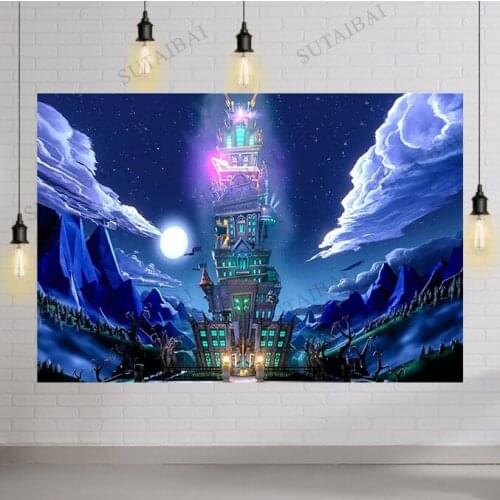 Night Moon Mansion Scene Photography Backdrop for Game Party Supplies Birthday Party Banner Photo Booth Background Decorations