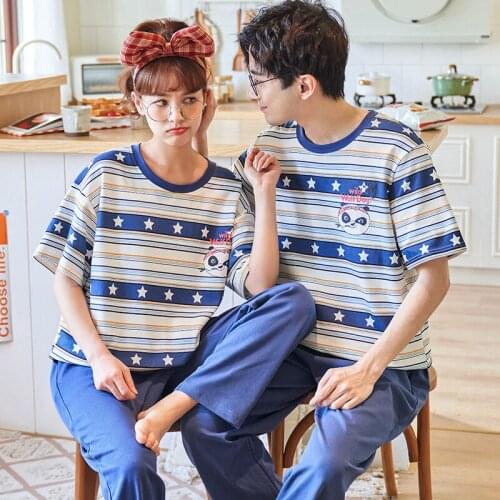 Korean Blue Stripe Pajamas Sets For Women Cute Cartoon Pattern Sleepwear Summer Cotton Thin Man Plus Size Short Sleeve Home Wear