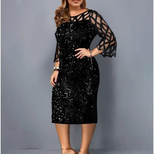 Fashion Womens Sexy Large Size Round Neck Solid Color Mesh Stitching Long-sleeved See-through Sequin Dress Платье Женщины