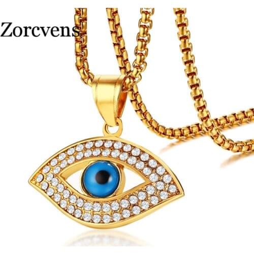 ZORCVENS Trendy Gold Color AAA CZ Stone Stainless Steel Blue Eye Pendant Necklaces for Women