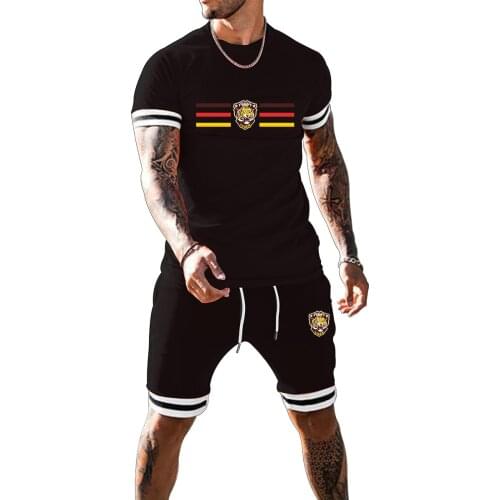 2021 Summer New Products Tiger Shield Striped Print Casual Running Mens Suit Short Sleeve T-Shirt + Sports Shorts 2 Piece Set
