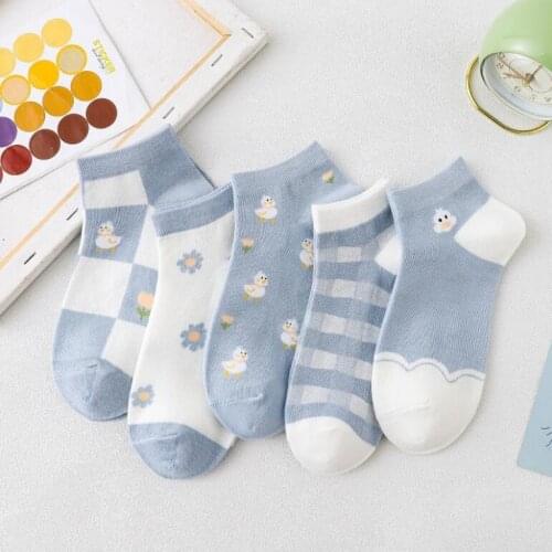 Yishine Spring Summer 10 Pairs Daisy Plaids Pattern Casual Cotton Crew Sock Kawaii Soft Duck Animals Socks for Girls