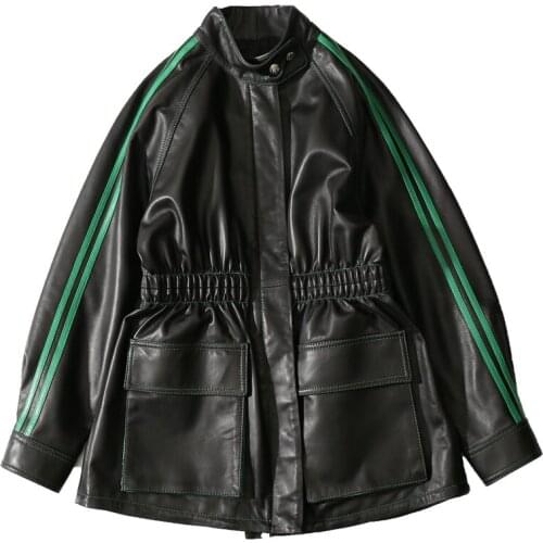 2021 Spring New Genuine Leather Womens Mid-length Contrast Color Sheepskin Casual Genuine Leather Jacket Loose Jacket Tide