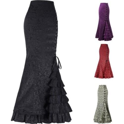 New Women Sexy Gothic Vintage Long Mermaid Skirt Floral Print Ruffe Lace Up Maxi Skirt Bodycon Slim Elegant Long Skirt S-2XL
