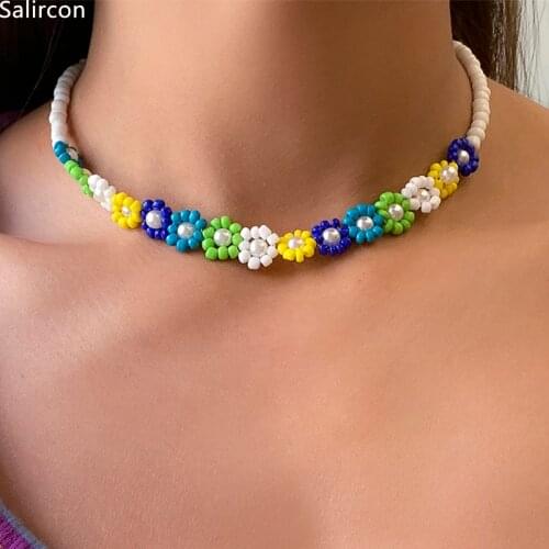 2021 New Korean Sweet Colorful Acrylic Flowers Boho Beaded Short Clavicle Chain Choker Necklace For Girls Women Bohemian Jewelry