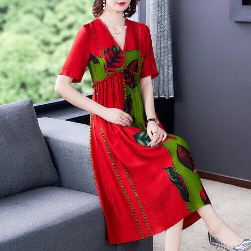 Boho Fashion Red Print Mulberry Silk Beach Midi Dress 2021 Vintage Summer Elegant 4XL Plus Size Sundress Female Bodycon Vestidos