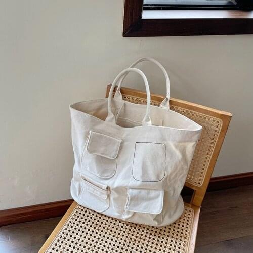 Women Casual Canvas Tote Bags Female Large Capacity Travel Handbags Cotton Cloth Beige Shopping School Bag with Multiple Pockets