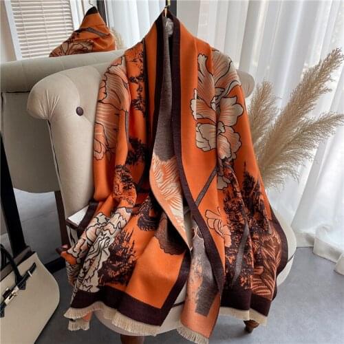 Retro Floral Scarf Women Witer Cashmere Warm Pashmina Thick Blanket Female Fashion Bufanda Double Sided Stoles 2021 New