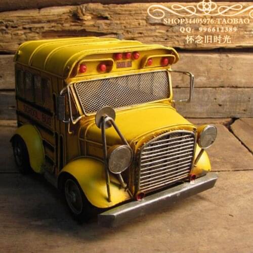 Retro Iron Metal Handmade Craft Mini American Yellow Shool Bus Models Home Bar Decoration