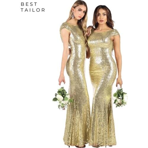 Wedding Long Bridesmaid Dresses Gold Sequins Sheath Short Sleeves Maid of Honor Gowns Women 2021 Backless Custom Make Round Neck