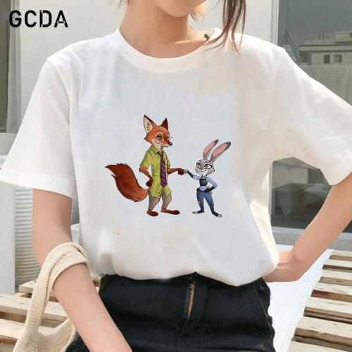 Women Clothes Zootopia Fox Nick Rabbit Judy Fox Nick Graphic Cartoon Fashion Lady Tees Tops Female T Shirt Girls T-Shirt
