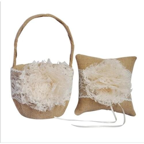 2Pcs/set Vintage Burlap Wedding Ring Pillow& Flower Basket with Lace Flower Bridal Decoration Supplies