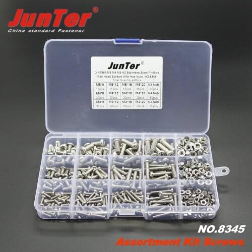 440pcs M3 M4 M5 A2 Stainless Steel Phillips Pan Head Machine Screws With Hex Nuts Assortment Kit NO.8345