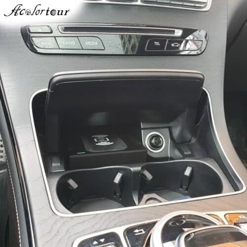 Car QI wireless charger for Mercedes Benz W205 C180 GLC C Class center console cup holder trim for iPhone 11 fast charging case